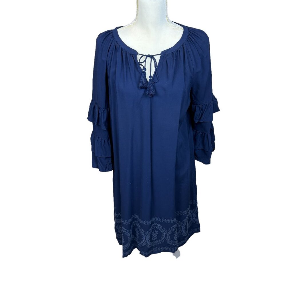 Crown & Ivy navy dress, ruffles, geometric print, pineapple, embroidered